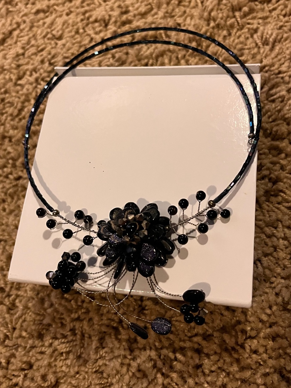 Black Floral Beaded Statement Choker Necklace and Earring Pair.